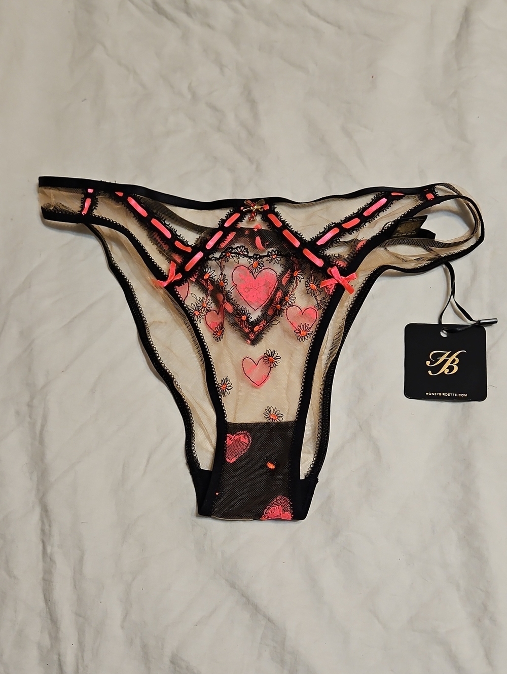 Honey Birdette Pasha Black & Neon Pink Heart Embroidered Sheer Bikini Panty Sz M
